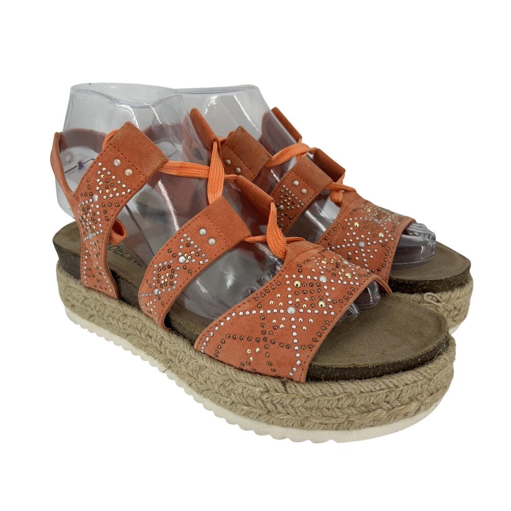 Madeline Girl Sandals Womens Size 7.5 Orange Dream On Espadrille Rhinestone